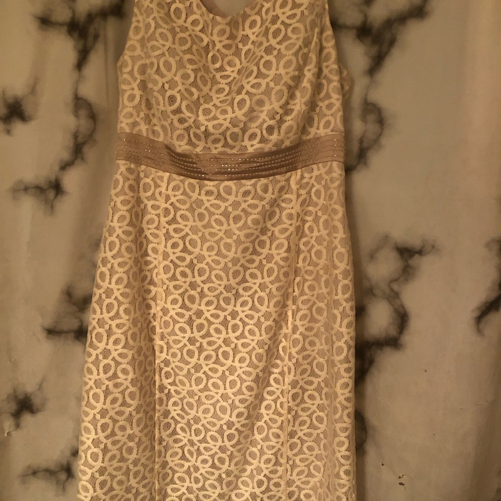 CALVIN KLEIN Cream lace midi with high waist satin sewn-in beaded belt